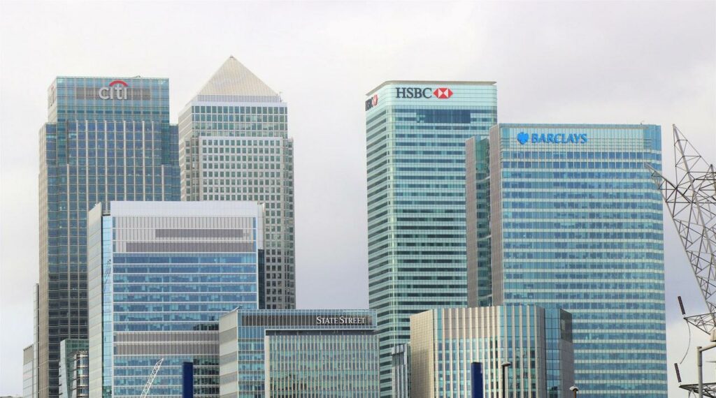Rascacielos financieros en Canary Wharf, Londres